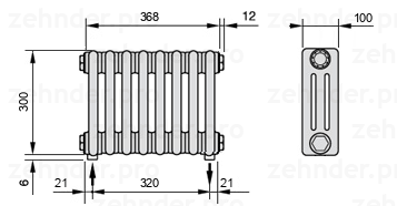 Схема (чертеж) Радиатор Zehnder Charleston 3030/8 №3570 Белый глянцевый RAL 9016